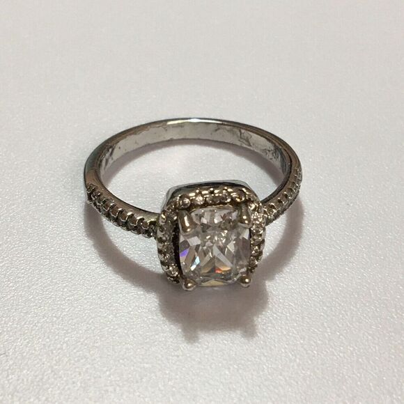 Silver Tone Halo Ring Square CZ 2.5mm Band Clear Gemstones Worn Plating - Picture 8 of 11